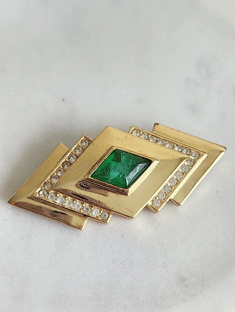 Christian Dior Gold Tone Geometric Brooch with Emerald Green Center and Crystals